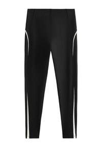 Fekete sport leggings sima textúrával, oldalsó fehér részletekkel és testhezálló kialakítással, rugalmas derékpánttal.