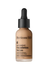 Perricone MD No Makeup Foundation Serum in einer 30 mL Glasflasche. Heller beiger Flüssigkeit mit einem schwarzen Tropferdeckel. Das Etikett zeigt fettgedruckten schwarzen Text.