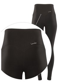 Leggings neri a vita alta con una texture liscia, caratterizzati da un delicato logo e dettagli di cucitura curva per una silhouette aderente.