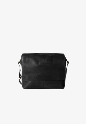 Black leather messenger bag with a flap closure, adjustable shoulder strap, and a sleek, smooth texture. Features minimal branding on the front.