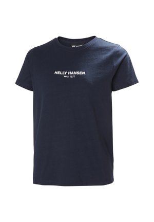 Donkerblauw T-shirt met korte mouwen en de tekst "HELLY HANSEN HH // 1877" in witte letters op de borst gedrukt.