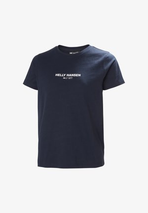 Camiseta de manga corta azul oscuro con el texto "HELLY HANSEN HH // 1877" impreso en blanco en el pecho.