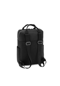 Zaino nero realizzato in materiale sintetico liscio, con spallacci regolabili, doppio manico e un design rettangolare elegante.