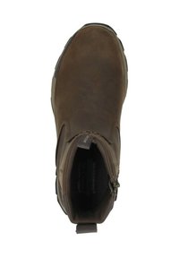 Stivale slip-on in pelle marrone con collo imbottito, zip laterale e suola in gomma nera resistente, visto dall'alto.