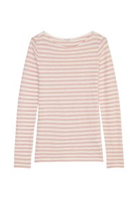 Long-sleeve top featuring a boat neck design, made of soft fabric with alternating light pink and white horizontal stripes.