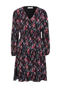 Robe noire avec motif floral abstrait rouge, blanc et bleu, manches longues, col en V et détail de taille élastiquée froncée.