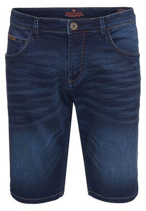 Short en denim bleu foncé avec poches avant et arrière, fermeture par bouton et zip, et détails à texture délavée.