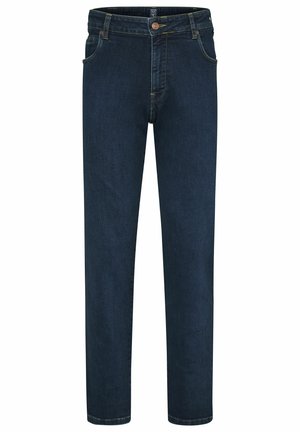 Donkerblauwe spijkerbroek met een rechte pijp, voorzien van voorzakken, een knoopsluiting en contrasterende gele stiksels.