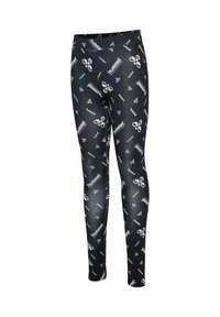 Svarta leggings med ett upprepat vitt logomönster. Tillverkade av ett elastiskt material med en slät textur och en figurnära silhuett.