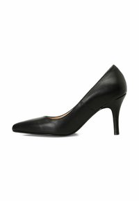 Black leather high-heeled pump with a pointed toe and narrow, stiletto heel. Smooth texture with a sleek silhouette and minimal detailing.