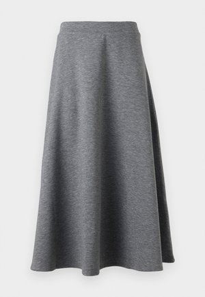 Jupe grise, longueur genou, en matériau doux et extensible, avec un design évasé et une taille élastique pour le confort.