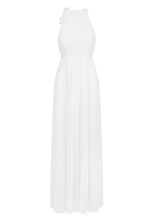 White sleeveless halter-neck gown with a fitted bodice, pleated fabric, a tie detail on one shoulder, and a flowing floor-length skirt.