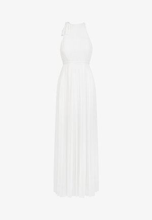 White sleeveless halter-neck gown with a fitted bodice, pleated fabric, a tie detail on one shoulder, and a flowing floor-length skirt.