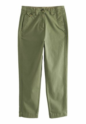 Pantalon droit vert olive avec fermeture par bouton et fermeture éclair, poches avant en biais et passants de ceinture, posé à plat sur fond blanc.