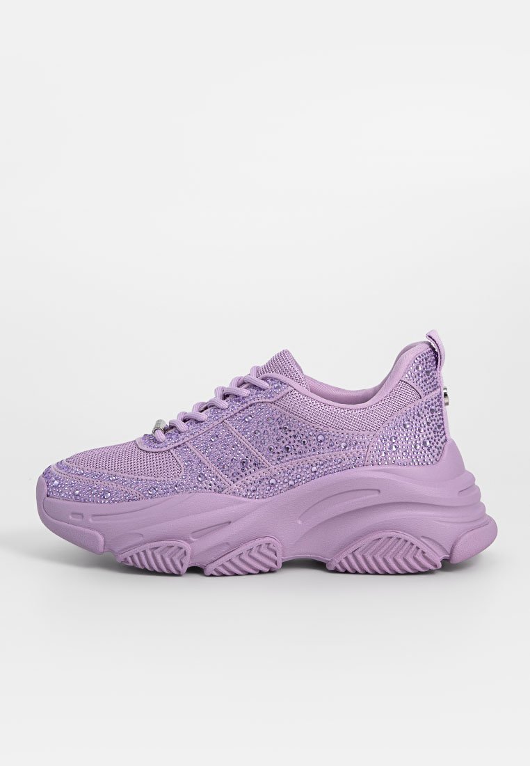 Lila Sneaker mit glitzernden Details, einer strukturierten Mesh-Oberfläche, dickem Gummisohle und robusten Akzenten. Verfügt über eine Schnürschlusstechnik und eine runde Form.
