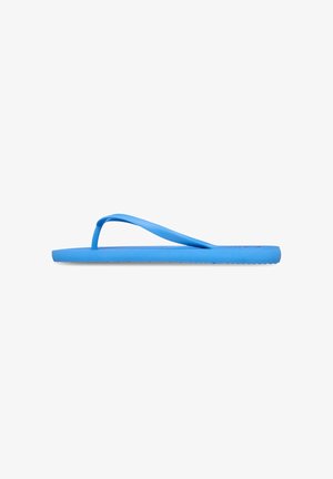 Single blue rubber flip-flop sandal viewed from the side on a white background.