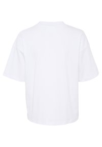 Tricou alb din bumbac cu o croială relaxată, mâneci scurte și guler rotund. Textură netedă și tiv drept la spate.