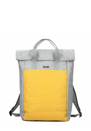 Gray and yellow backpack with top handles, shoulder straps, and front pocket, branded with "zwei" logo on a white background.