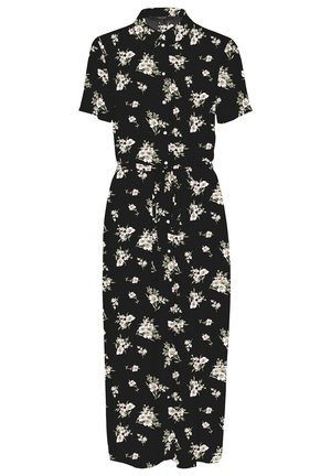 Robe midi noire à manches courtes, boutonnée sur le devant, ceinture nouée à la taille et motif floral blanc.
