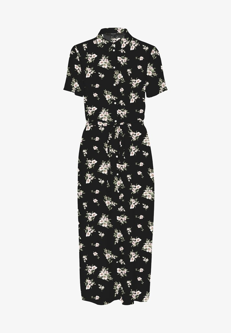 Robe midi noire à manches courtes, boutonnée sur le devant, ceinture nouée à la taille et motif floral blanc.