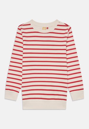 Sweatshirt à manches longues en crème avec des rayures horizontales rouges. Doté d'un col rond et de bords-côtes aux poignets et à l'ourlet. Matériau en coton doux.