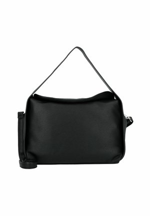 Borsa a tracolla in pelle nera con superficie testurizzata, forma rettangolare e una singola tracolla. Presenta una chiusura con zip superiore.