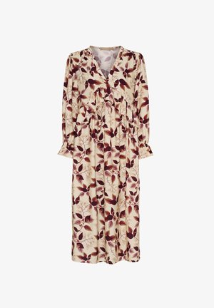 Blomstret langærmet kjole med V-hals, draperede detaljer ved busten, med en cremefarvet baggrund og dybe røde og grønne bladmønstre.