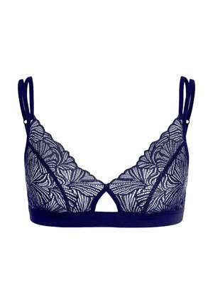 Marineblauwe kant bralette met een bloemenpatroon, dubbele verstelbare banden, driehoekige vorm en een klein uitsnijdetail in het midden.