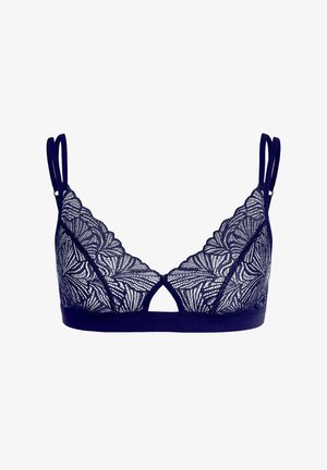 Navy lace bralette featuring a floral pattern, dual adjustable straps, triangular shape, and a small center cutout detail.