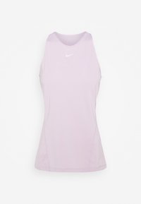 Top atletico senza maniche di colore viola chiaro, realizzato in tessuto traspirante, con scollatura a girocollo e un piccolo logo Nike bianco sul petto.