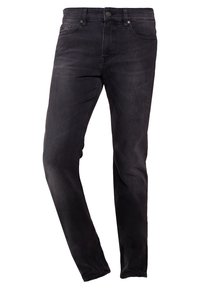 Černé slim-fit džíny s pěti kapsami, zapínáním na knoflík a jemným vyšisováním na stehnech a kolenou.