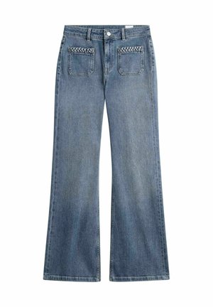 Siniset leveälahkeiset farkut, joissa on edessä punottu koristelista taskuissa, nappikiinnitys ja vyölenkit.