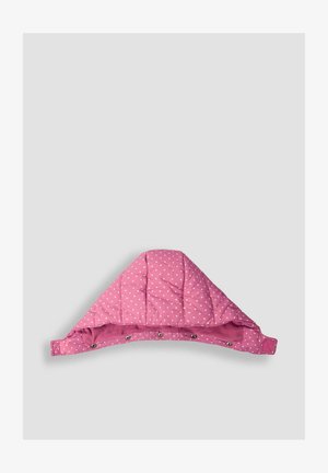 Roza prešita puhasta kapuca s belimi pikami, ki ima mehak podlogo in zapiralo s pritisnimi gumbi ob robu za varno prileganje.