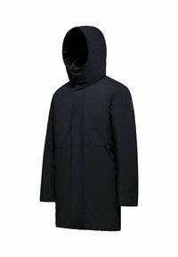 Cappotto invernale nero isolato con cappuccio, maniche lunghe e tasche frontali, progettato per la protezione dal freddo.