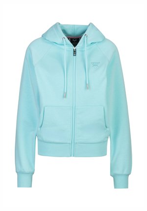 Hellblauer Kapuzenpullover mit Reißverschluss, Fronttaschen, verstellbarer Kapuze und gerippten Bündchen an Ärmeln und Saum, dargestellt auf weißem Hintergrund.