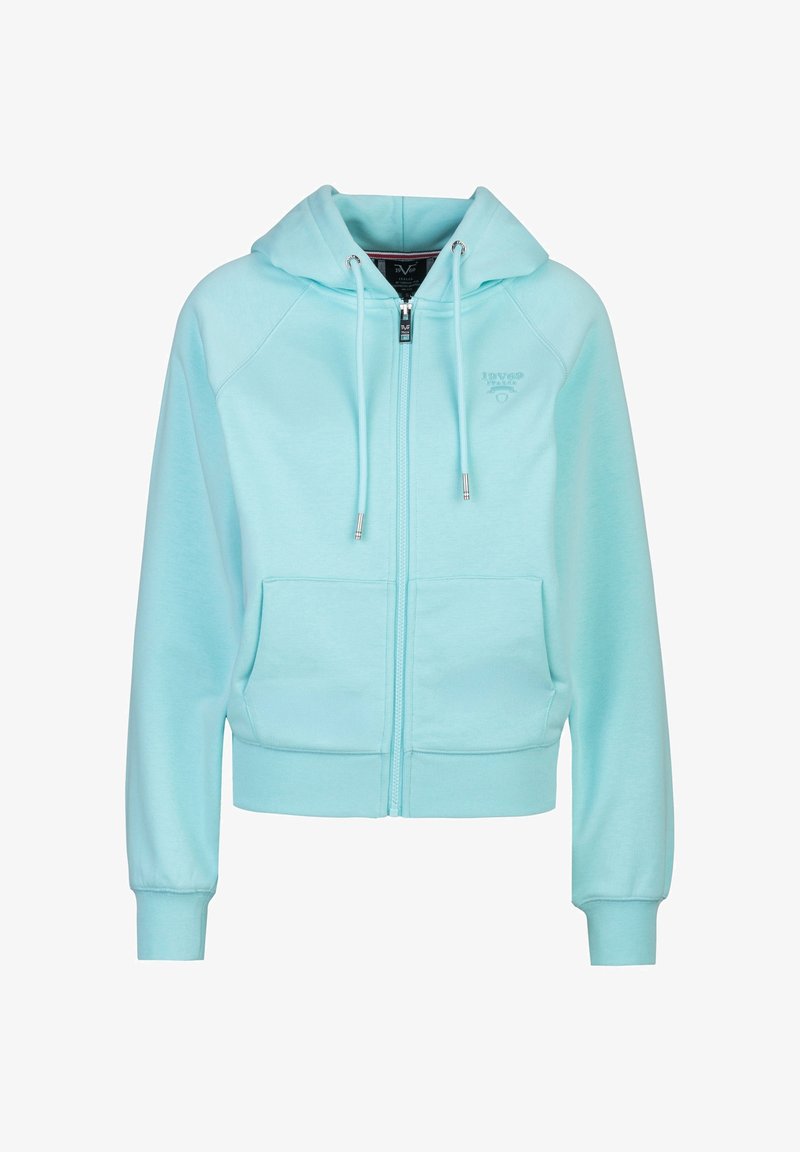 Lichtblauwe capuchontrui met ritssluiting, voorzakken, capuchon met trekkoord en geribbelde boorden en zoom, weergegeven op een effen witte achtergrond.