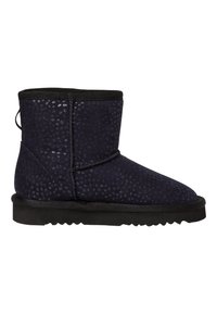 Botte navy hauteur cheville en matériau texturé, avec bout rond, semelle en caoutchouc noire et coutures minimales.