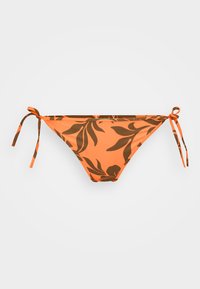 Pomarańczowe bikini dolne z brązowym, kwiatowym wzorem, z bocznymi zapięciami na troczki oraz gładkim, elastycznym materiałem dla komfortu.