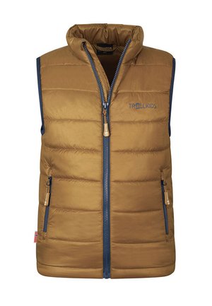 Brown padded vest with high collar, navy accents, front zipper, and logo. Lightweight, quilted texture with two side pockets.