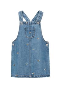 Denim salopette jurk in lichtblauw met geborduurde bladerenpatronen in oranje, groen en wit. Voorzien van verstelbare bandjes en een voorzak.