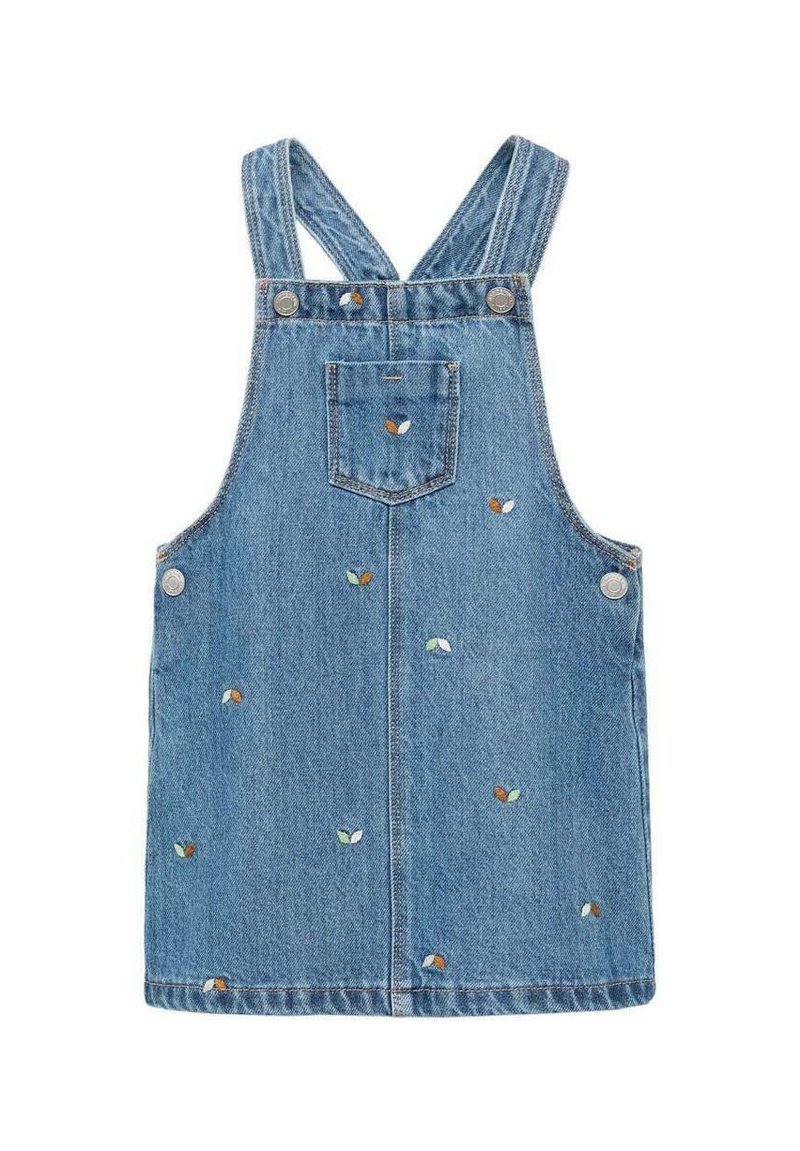 Denim salopette jurk in lichtblauw met geborduurde bladerenpatronen in oranje, groen en wit. Voorzien van verstelbare bandjes en een voorzak.