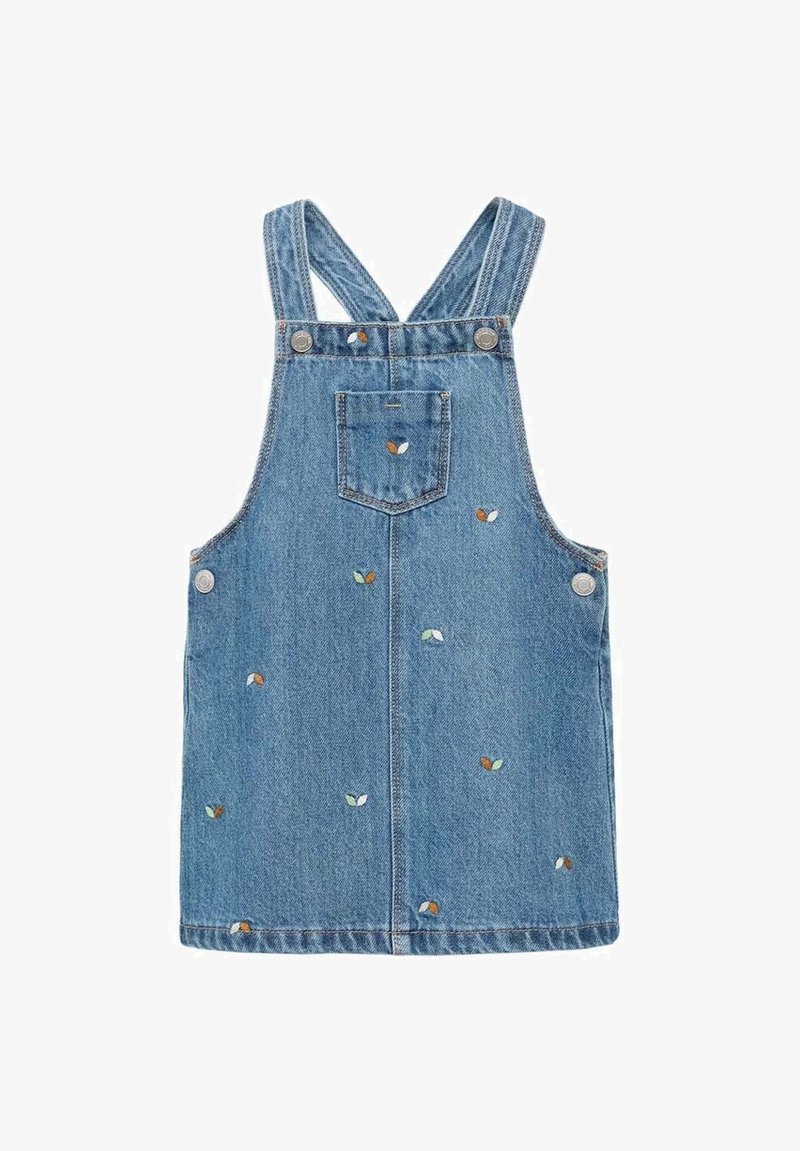 Denim overall obleka v svetlo modri barvi z vezenimi listnatimi vzorci v oranžni, zeleni in beli barvi. Ima nastavljive naramnice in sprednji žep.
