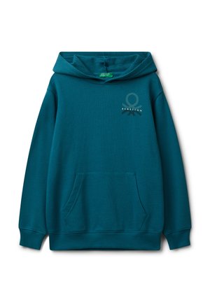 Sweatshirt à capuche teal avec poche avant et petit logo Benetton sur la poitrine gauche, posé à plat sur un fond blanc.