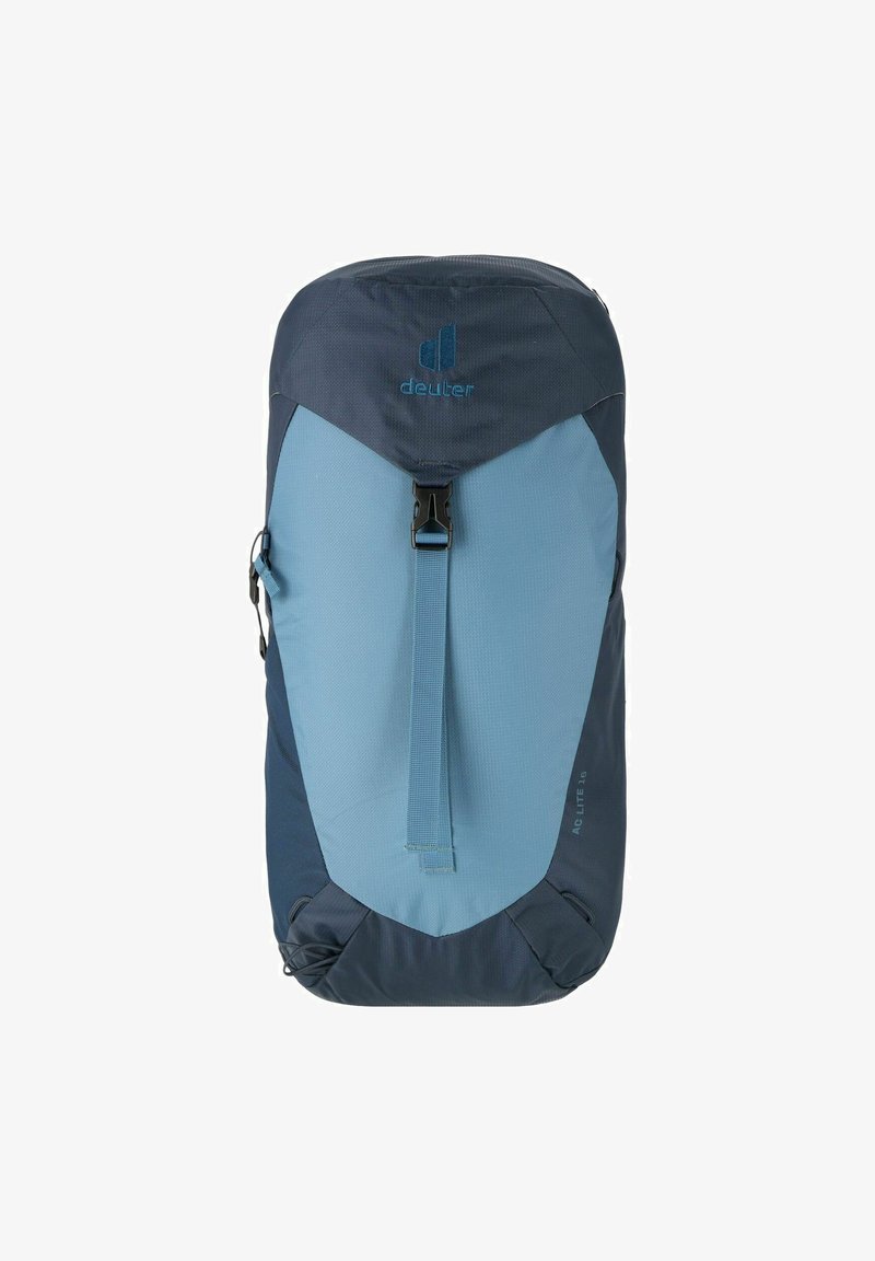 Blauer und dunkelblauer Rucksack mit einer strukturierten Oberfläche, oberem Kompressionsriemen, Seitentasche und Logo in der oberen Mitte. Größe: 10 Liter.
