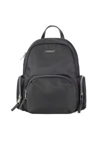 Zaino in nylon nero con forma arrotondata, due tasche frontali con zip e maniglia superiore; presenta zip e dettagli del logo in argento.