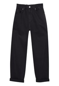 Pantaloni neri di cotone con cintura elastica, due tasche anteriori e orli arrotolati. Texture liscia con un design casual a gamba dritta.