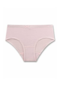 Hellrosa Baumwoll-Mädchenunterhosen mit einem kleinen Schleifendetail in der Mitte des Taillenbundes, auf einem weißen Hintergrund präsentiert.