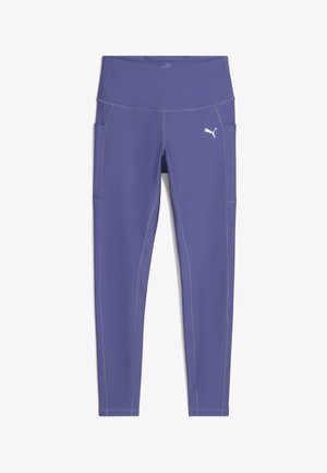Purple athletic leggings with a high waistband, side pockets, contrasting white stitching, and a small white logo on the lower left leg.