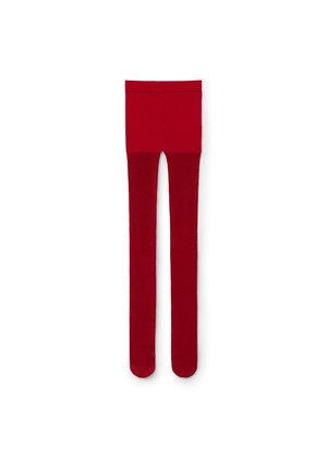 Collants opaques rouges étalés à plat avec une taille haute et une texture lisse et uniforme sur les jambes.