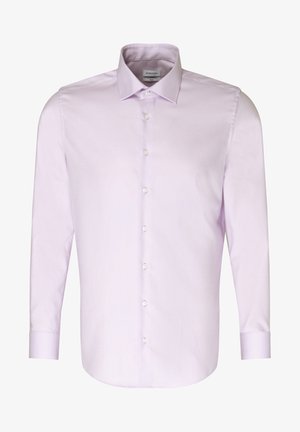 Helles lila Langarmhemd aus glattem Stoff, mit klassischem Kragen, Knopfleiste und geknöpften Manschetten.